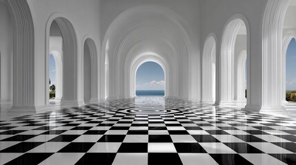 Elegant hallway with black and white checkered floor and ocean view backdrop