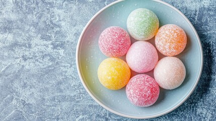 Plate colorful candies blue textured background are round photo of mochi