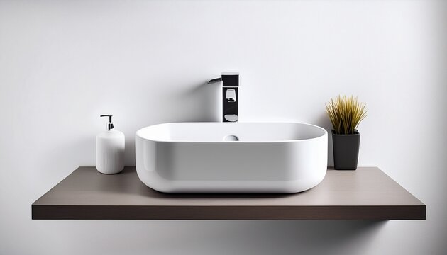 bathroom sink with modern faucet isolated object on white background top front angle minimalist design clean shadow product display layout side copy space