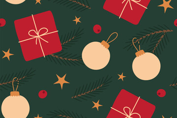 christmas holiday seamless pattern with fir tree branches, presents, baubles, berries and golden stars; great for wrapping, greeting cards, social media graphics- vector illustration