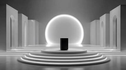 Elegant minimalist product showcase with luminous arch and stepped platform display