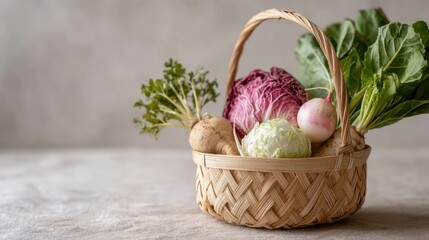 Fresh basket of cabbage and root vegetables on rustic surface. Labor Thanksgiving Day