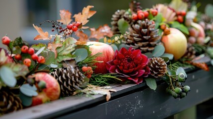 Autumn harvest decoration with apples, pine cones, and flowers