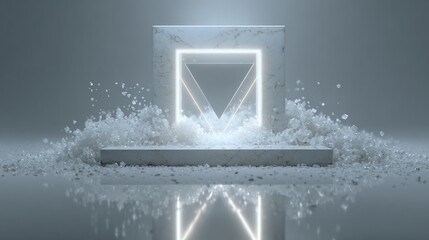Elegant podium with a luminous triangle and abstract crystalline decorations creating a futuristic