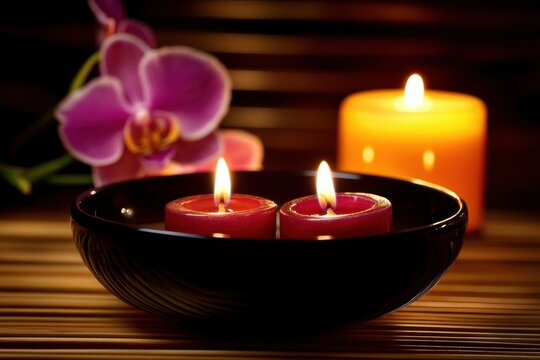 Red candle black bowl wooden table is lit Restorative Yoni Massage Therapy