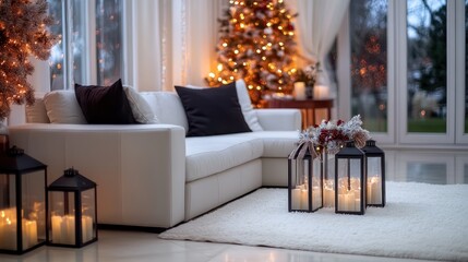 Cozy christmas living room with elegant holiday decor and warm lighting by large windows