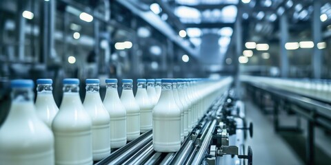 Row milk bottles conveyor belt factory are arranged A line