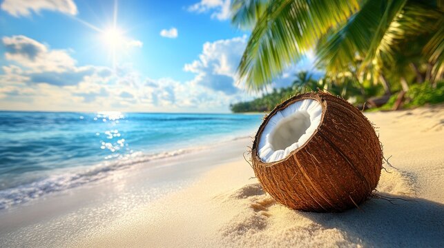 Tropical coconut on a sun-drenched beach