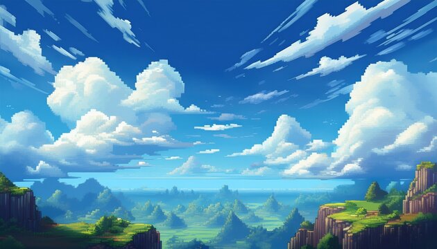 a pixel art background depicting a clear blue sky with fluffy clouds suitable for platformers or adventure games
