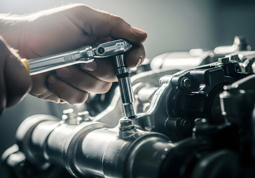 Mechanic using a ratchet wrench to tighten a bolt on a car engine - Powered by Adobe