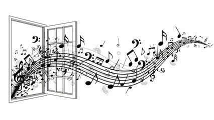 An open book with musical notes flowing out