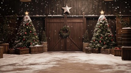 Rustic wooden barn large door center covered snow Christmas interior rural background