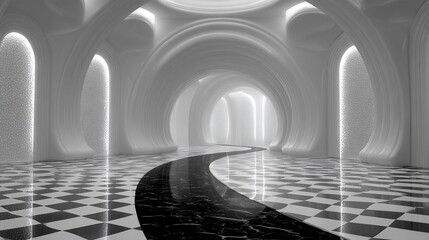 Elegant white archway interior with a black marble path and checkered floor design