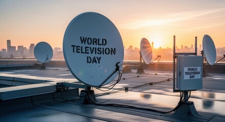 Sunset colors bathe a rooftop crowded with satellite dishes and cables; a city skyline glows as a large dish highlights the World Television Day message, casting warm silhouettes across metal