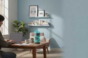 Person working on laptop beside glowing smart speaker in modern home office