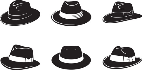 Fedora hat silhouette set featuring vintage and modern styles in vector design