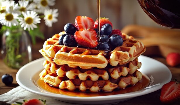 Stack waffles white plate are golden brown appear chocolate and maple syrup - Powered by Adobe