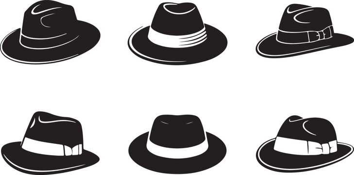 Fedora hat silhouette set featuring vintage and modern styles in vector design