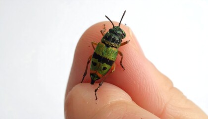 Close-up of a Jewel Bug on a Human Finger.