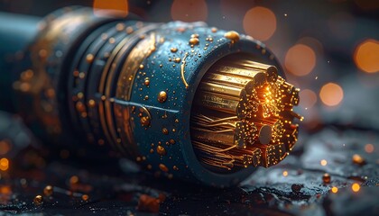 Close-up of a high-tech cable with golden wires and intricate details, showcasing advanced technology.