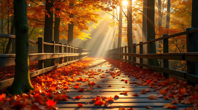 magical autumn forest path with sunbeams and fallen leaves