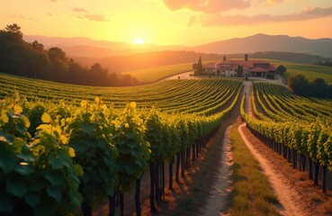 Fototapeta premium Vineyard landscape with rows of grapevines. Winery building sits on a hill with mountains in distance. Golden hour sun sets over rural countryside. Scenic agricultural vista.