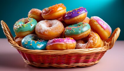 colorful basket overflowing with sugared donuts glazed to perfection and ready to delight sweet tooth enthusiasts