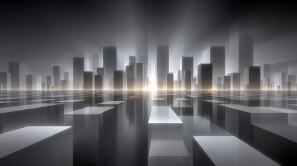 Futuristic abstract city skyline background with geometric shapes and light rays