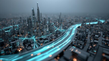 Futuristic smart city concept with glowing data streams on a highway. 3D illustration background for network, big data, and high-tech transportation.