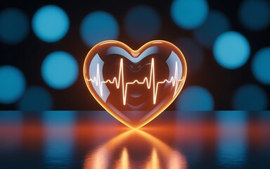 Glowing Heart with ECG Heartbeat Line on Reflective Surface Symbolizing Health and Medical Technology
