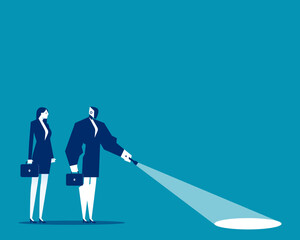 Robot. Artificial intelligence with flashlight leading and human