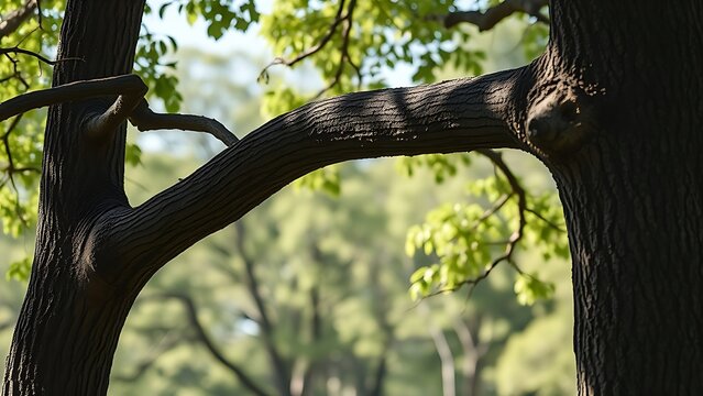 transitional. A sturdy tree branch bridging two trees in natural daylight. travel magazines, destination branding, designed for travel destination branding and outdoor magazines and nature guides.