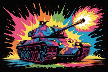 Vibrant Colorful Cartoon Tank Firing with Dynamic Background Illustration and Bold Design Elements in Comic Style