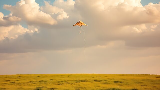 spool. A single kite ascends into the clouds, an empty spool on the field below. travel magazines, destination branding, designed for outdoor magazines and nature guides, drives exploration.