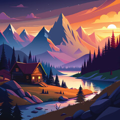 Mountain Cabin at Sunset Illustration