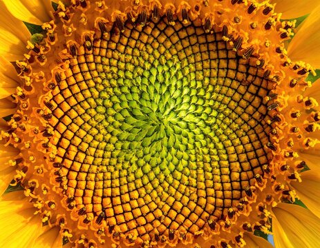 Close Up of Sunflower Seeds Head,  Detailed Yellow and Green Hues
