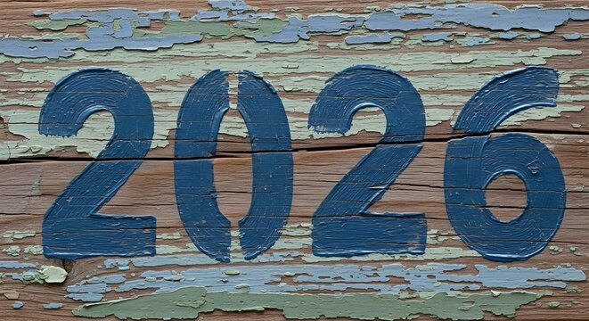 The year 2026 painted in blue on a weathered wooden surface