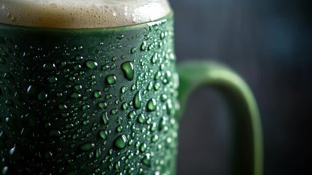 A mug of beer with condensation on the outside. The mug is green
