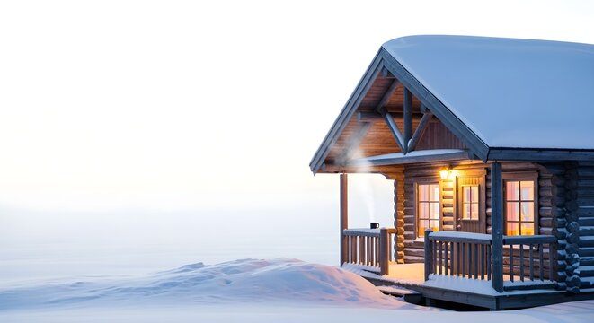 Cozy log cabin in winter landscape with snow covered roof and glowing windows