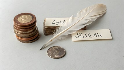 A coin and feather in a minimalist flat lay setting
