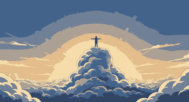 Crucifix standing on a cloud with cross in the sky