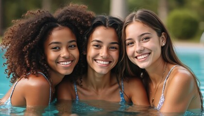 Three happy girls smile in pool together. Multiracial teens swim in summer water. Diverse friends bond, enjoy sunlight. Friendship with positive emotions shown. Beauty standards and joyful diversity.