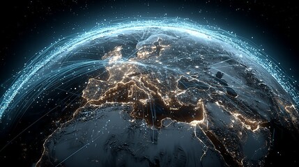 Global communication and internet concept. Earth at night from space, showing the European continent illuminated by city lights and a glowing digital data network.