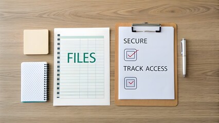 Flat lay of checklist labeling Files and Secure on wooden table