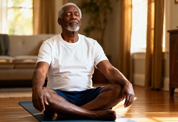 Senior African American man meditating with eyes closed at home. Mature man practicing yoga for wellness and relaxation in his living room