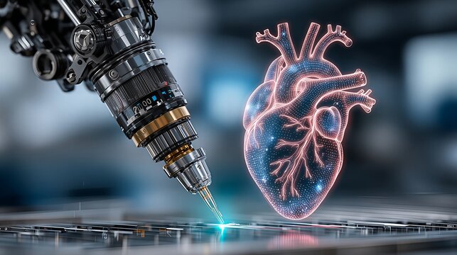 Futuristic medical technology concept with robotic arm and 3D digital heart. Illustration for bioprinting, cardiology, high-tech research, or healthcare background.