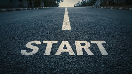 A close-up view of a road marked with the word "START," indicating the beginning of a journey or race, with a blurred background of trees.