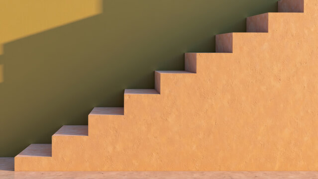 Staircase design with textured steps and contrasting wall color creates modern aesthetic. warm tones evoke sense of comfort and style