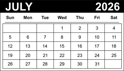 July 2026 monthly calendar vector, minimal editable design