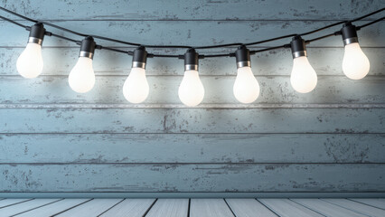 Bright string lights illuminate rustic wooden wall, creating cozy atmosphere perfect for gatherings or celebrations